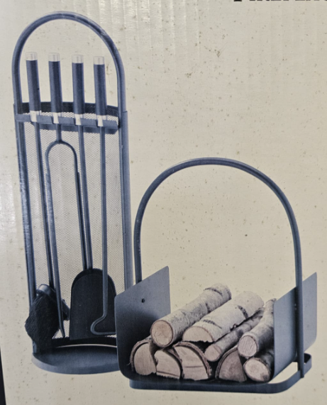 juego de útiles con leñero chimenea leña pala escoba atizador pinzas