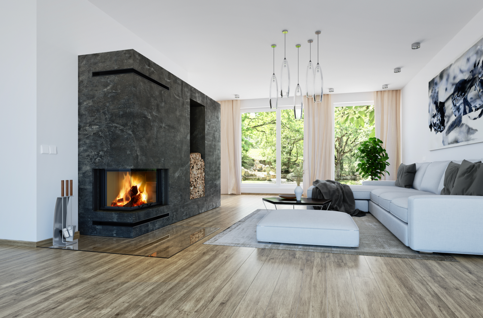 Chimenea de leña HEAT E2 G 81/40 - Esquinero (Puerta guillotina, cristal dividido) Interior blanco