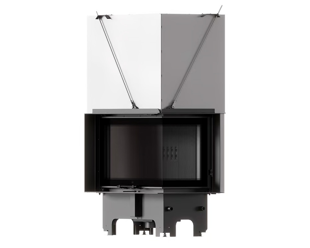 Chimenea de leña esquinera MILANO 810_410 con puerta guillotina. Elige derecha o izquierda e interior blanco o negro. Potencia de 14 kW y clase A+.