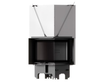 Chimenea de leña esquinera MILANO 810_410 con puerta guillotina. Elige derecha o izquierda e interior blanco o negro. Potencia de 14 kW y clase A+.