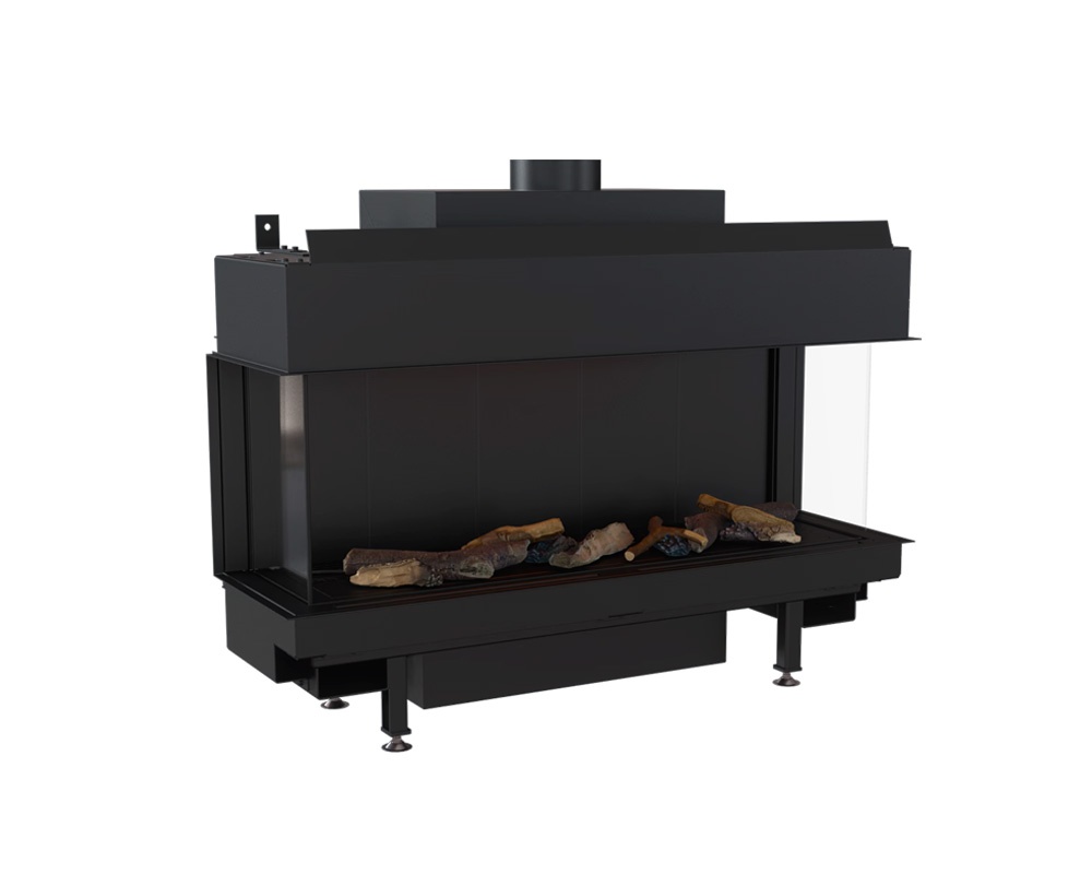 Chimenea de gas Kratki LEO 100 de tres caras y 9 kW, con cámara estanca, llama regulable, termostato y visión panorámica del fuego.