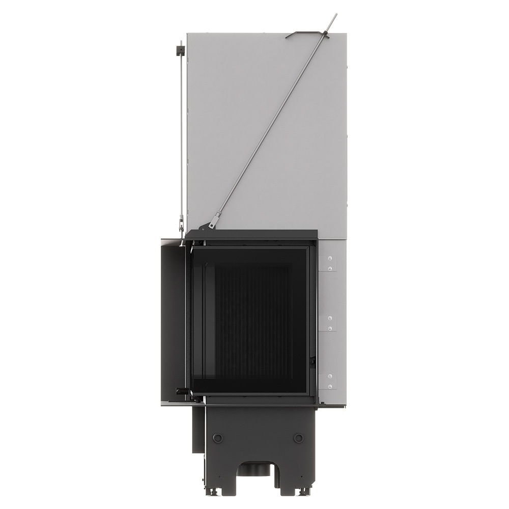 Chimenea de leña esquinera MILANO 810_410 con puerta guillotina. Elige derecha o izquierda e interior blanco o negro. Potencia de 14 kW y clase A+. 1
