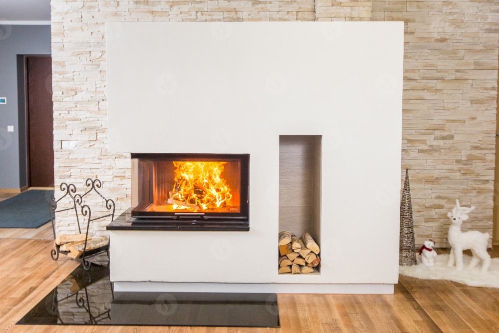 Chimenea de leña HEAT E2 G 81/40 - Esquinero (Puerta guillotina, cristal dividido) Interior blanco