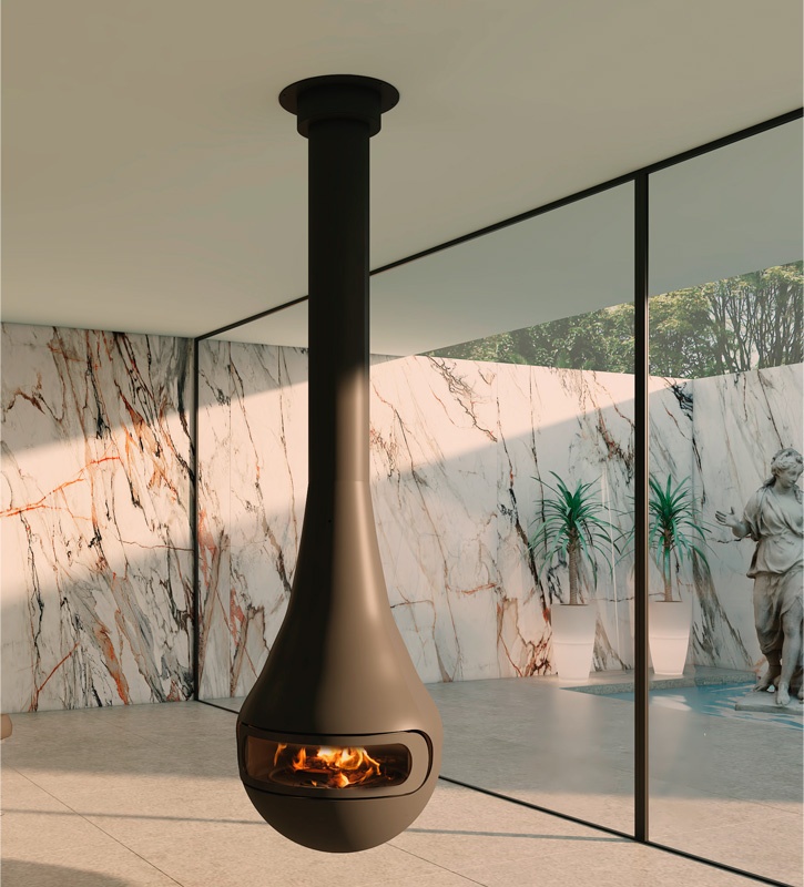 Chimenea de leña suspendida PERLA CENTRAL con puerta 1