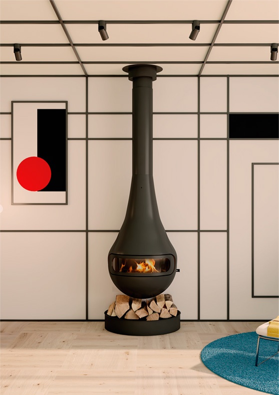 Chimenea de leña suspendida PERLA FRONTAL con puerta 1